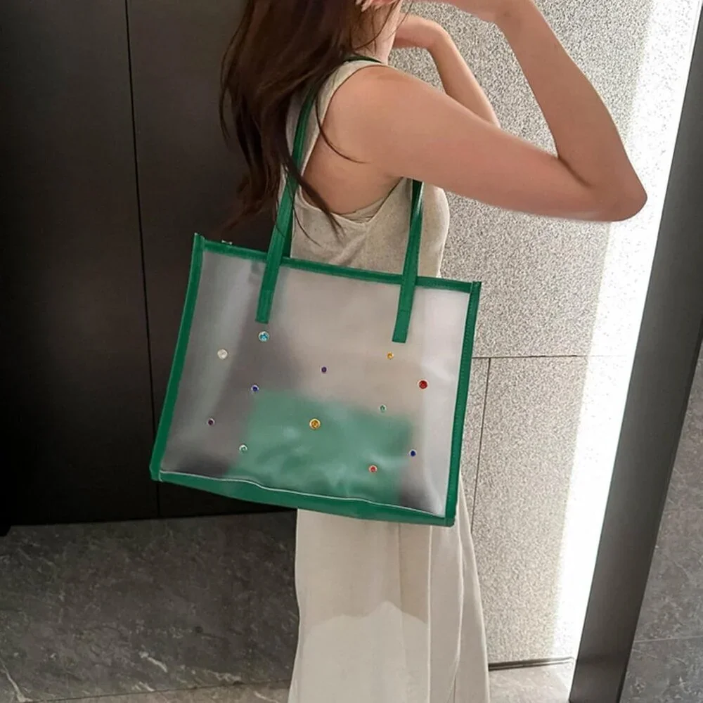 2Pcs Women's Transparent PVC Shoulder Bag Set Black for Beach Shopping
